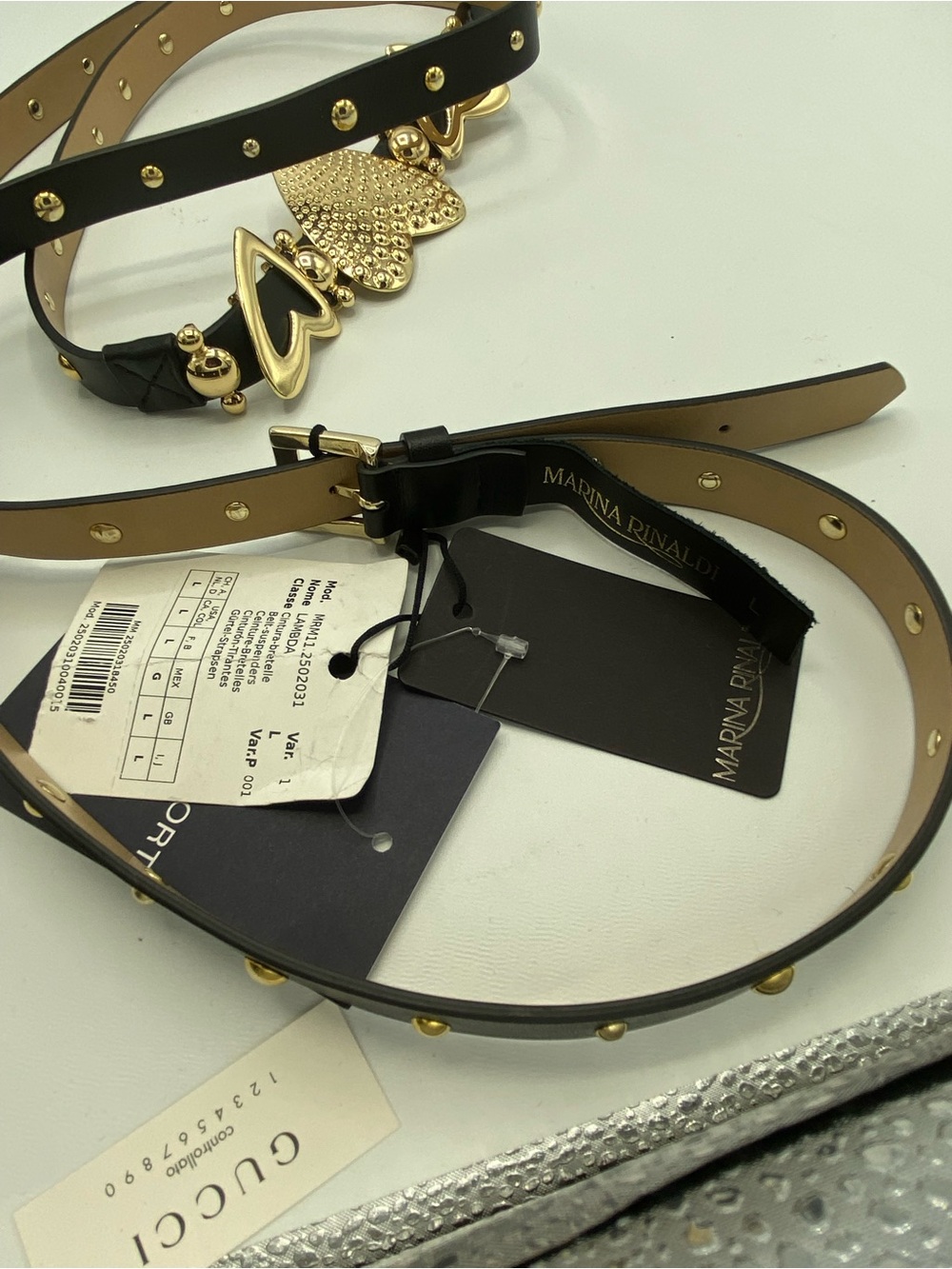 Marina Rinaldi Black Studded Leather Belt-suspenders Heart buckle Gold hardwar - Picture 9 of 9